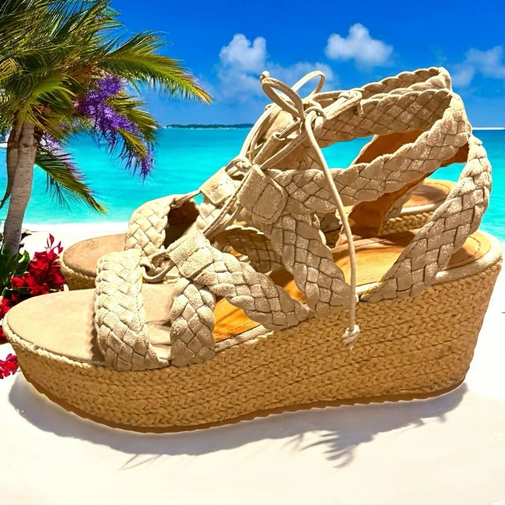 Trask Patrice Braided Wedge Platform Sandals Gold Shimmer‎ Size 9 Coastal Boho
